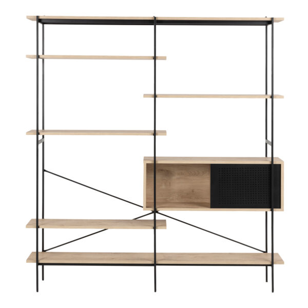 Angus Bookcase with 1 Sliding Door & 5 Shelves in White Oak & Black - Image 2
