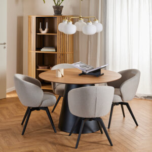 Soli Round Dining Table in Oak/Black 120x75cm Included 4 Darlene Dining Chair with Armrest and Swivel Function in Beige